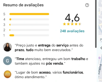 Resumo do Google: nota 4,6 e 248 avaliações